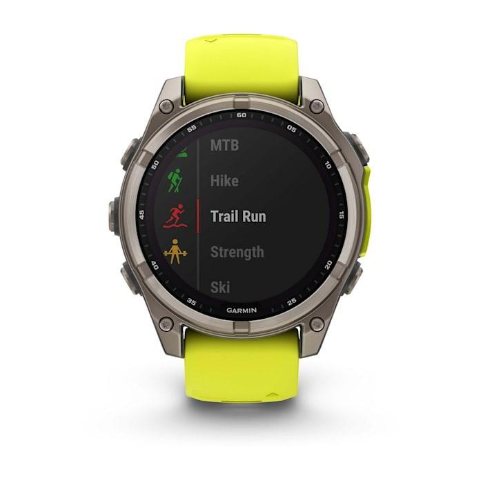 Fēnix® 8 - 47 mm, Solar, Sapphire, Titanium con cinturino Amp yellow/graphite in silicone