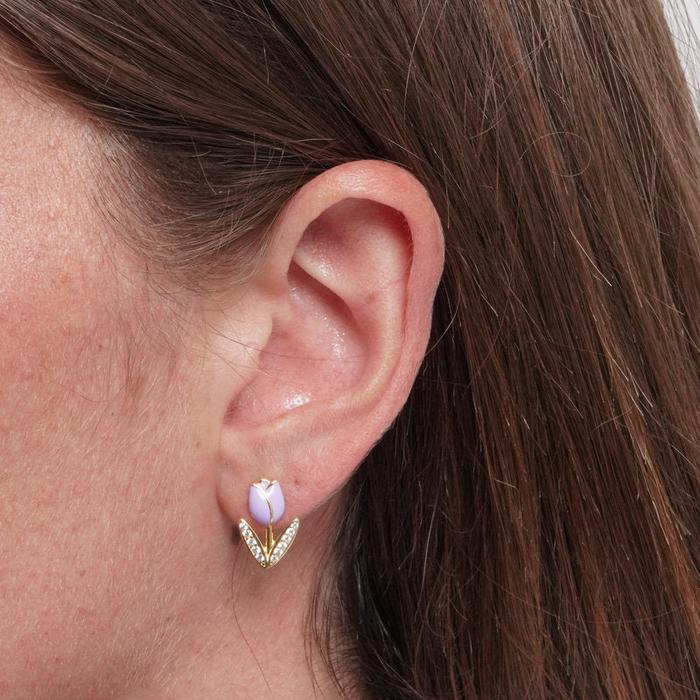 Orecchini in Argento 925 tulipano lilla e foglie zirconate