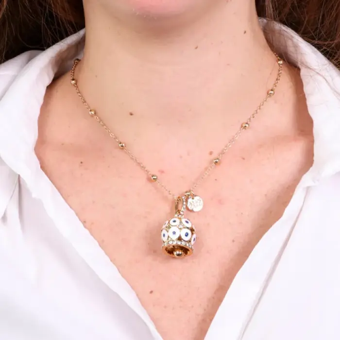 Collana in Metallo con campana a pois bianchi e zirconi grande
