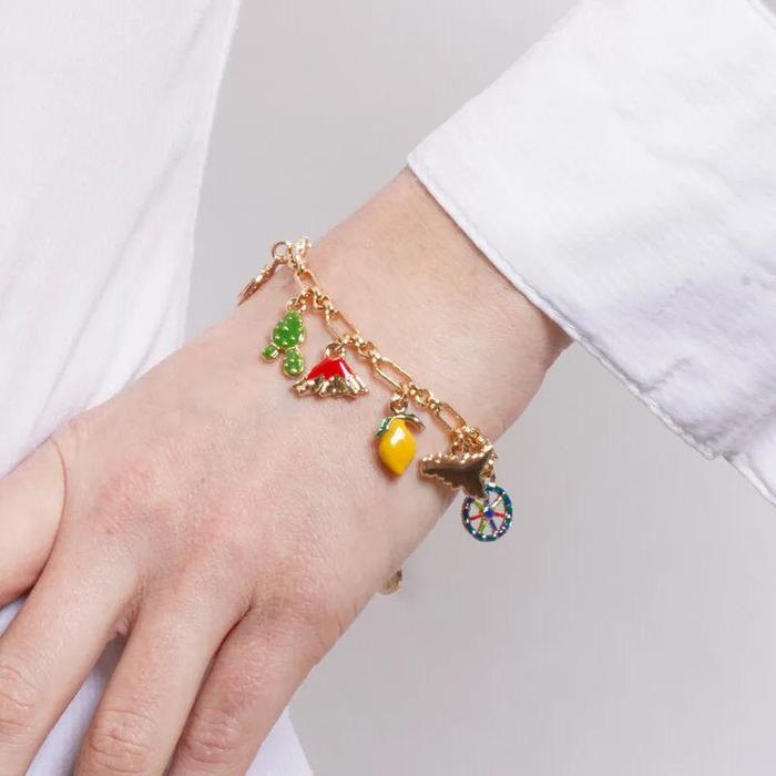Bracciale in Metallo con limone, etna, fico d'india, sicilia e ruota del carro siciliano