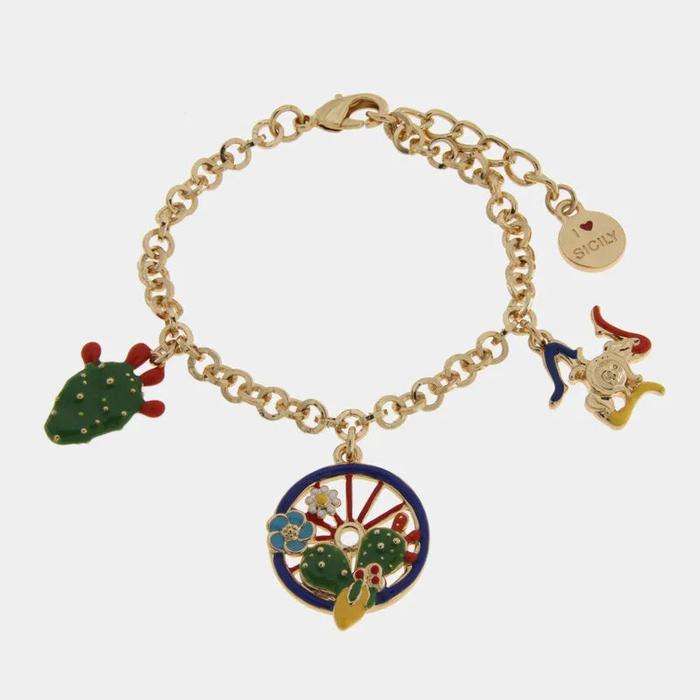 Bracciale in Metallo con ciondoli pendenti, ruota di carro, Trinacria e fico d'india