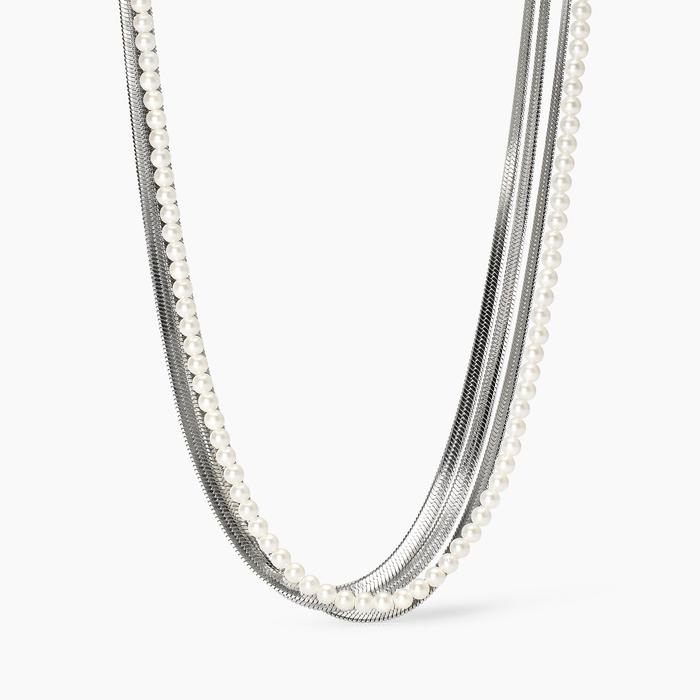 Collana girocollo in acciaio con catene e perle conchiglia Style 14