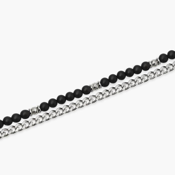 Bracciale uomo con catena groumette e catena con sfere diamantate e agata nera Style 37