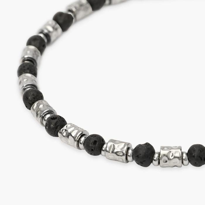 Bracciale uomo acciaio con cubetti martellati e pietra lavica Style 38