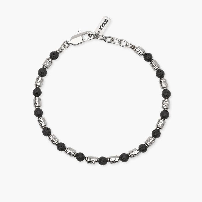 Bracciale uomo acciaio con cubetti martellati e pietra lavica Style 38