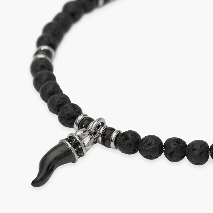 Bracciale uomo in acciaio con pietra lavica e cornetto Style 02