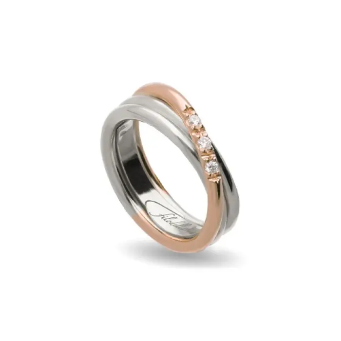 Filodellavita Classic 3 fili spesso in Oro Rosa Giallo 9kt, Argento 925 e 3 Diamanti Bianchi
