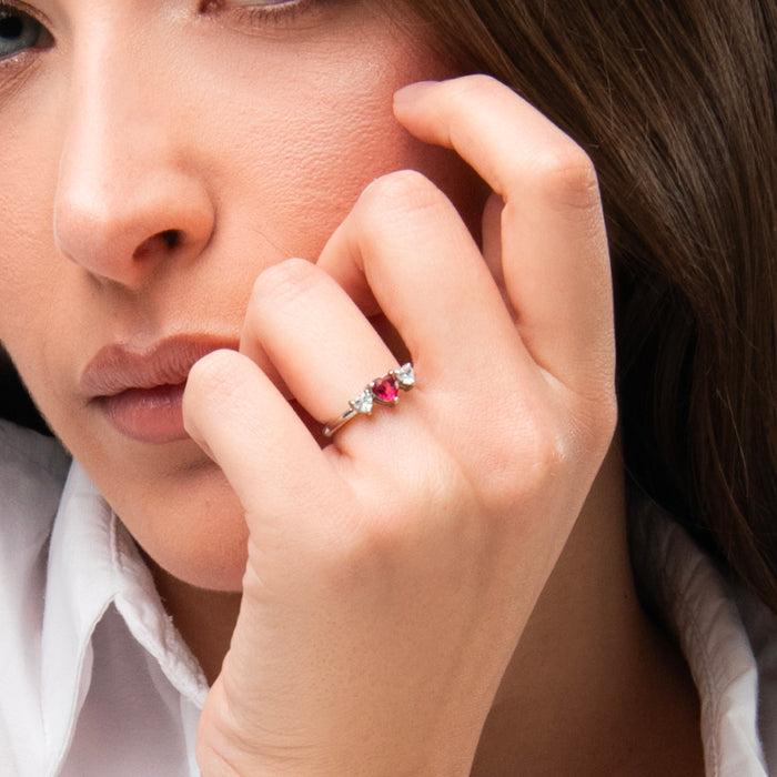 ANELLO DONNA IN ACCIAIO CON CUORI CON ZIRCONI BIANCHI E ROSSI