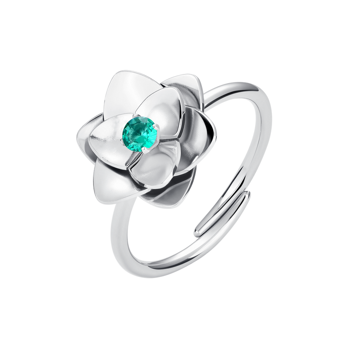 ANELLO DONNA IN ACCIAIO, FIORE CON ZIRCONE VERDE