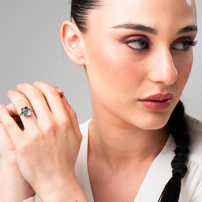 ANELLO DONNA IN ACCIAIO, FIORE CON ZIRCONE VERDE