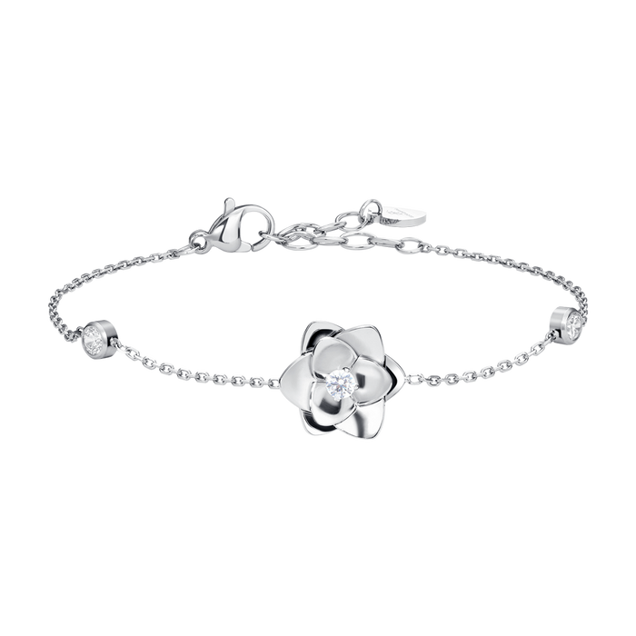 BRACCIALE DONNA IN ACCIAIO, FIORE ED ELEMENTI CON ZIRCONI BIANCHI