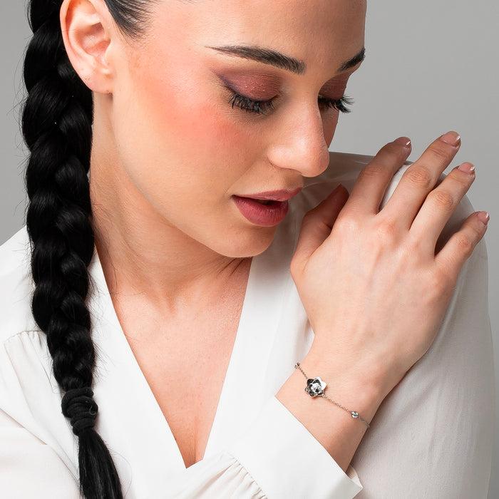 BRACCIALE DONNA IN ACCIAIO, FIORE ED ELEMENTI CON ZIRCONI BIANCHI
