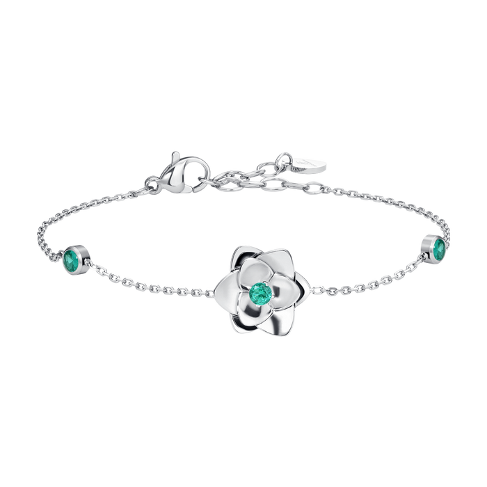 BRACCIALE DONNA IN ACCIAIO, FIORE ED ELEMENTI CON ZIRCONI VERDI