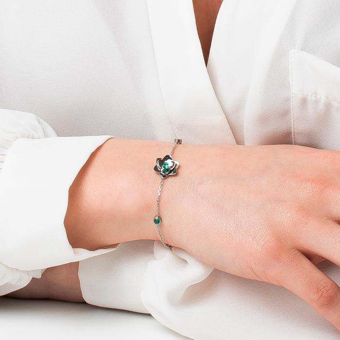 BRACCIALE DONNA IN ACCIAIO, FIORE ED ELEMENTI CON ZIRCONI VERDI