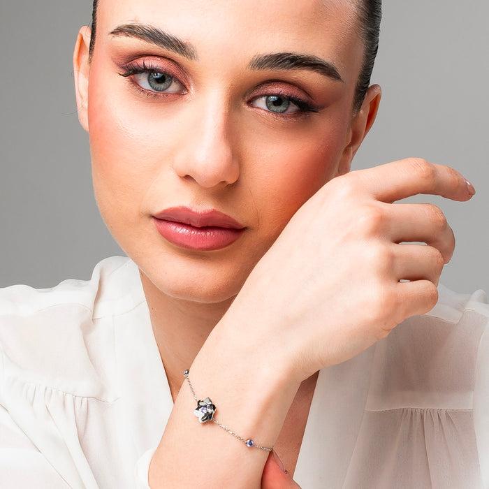 BRACCIALE DONNA IN ACCIAIO, FIORE ED ELEMENTI CON ZIRCONI VIOLA