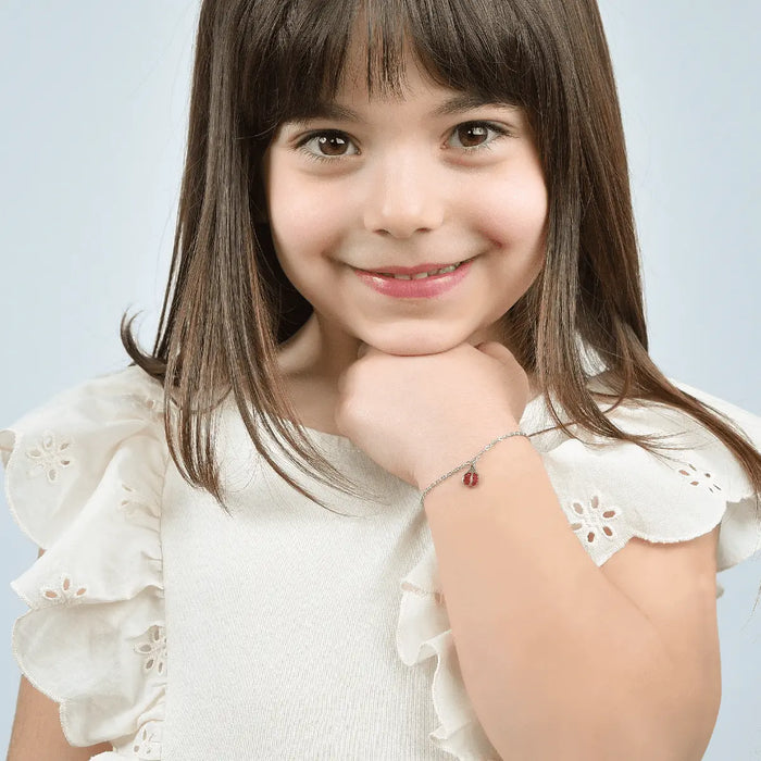 BRACCIALE BAMBINA IN ACCIAIO CON COCCINELLA E CRISTALLI ROSSI