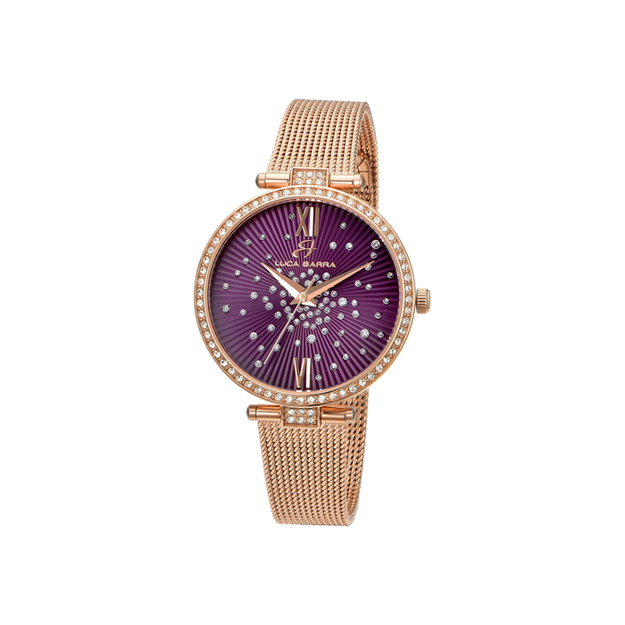 OROLOGIO DONNA IN ACCIAIO IP ROSE QUADRANTE VIOLA GHIERA CON CRISTALLI BIANCHI