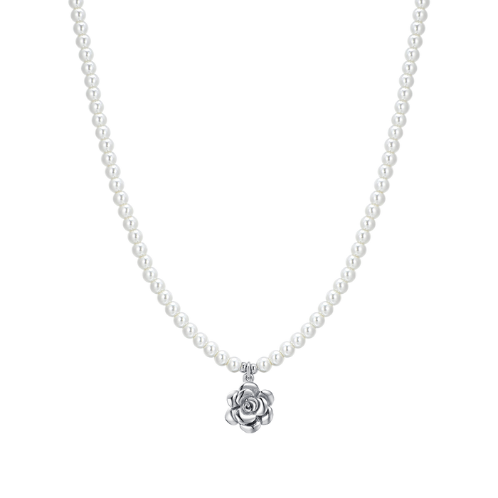 COLLANA DONNA IN ACCIAIO PERLE E ROSA IN ACCIAIO