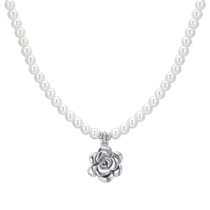 COLLANA DONNA IN ACCIAIO PERLE E ROSA IN ACCIAIO