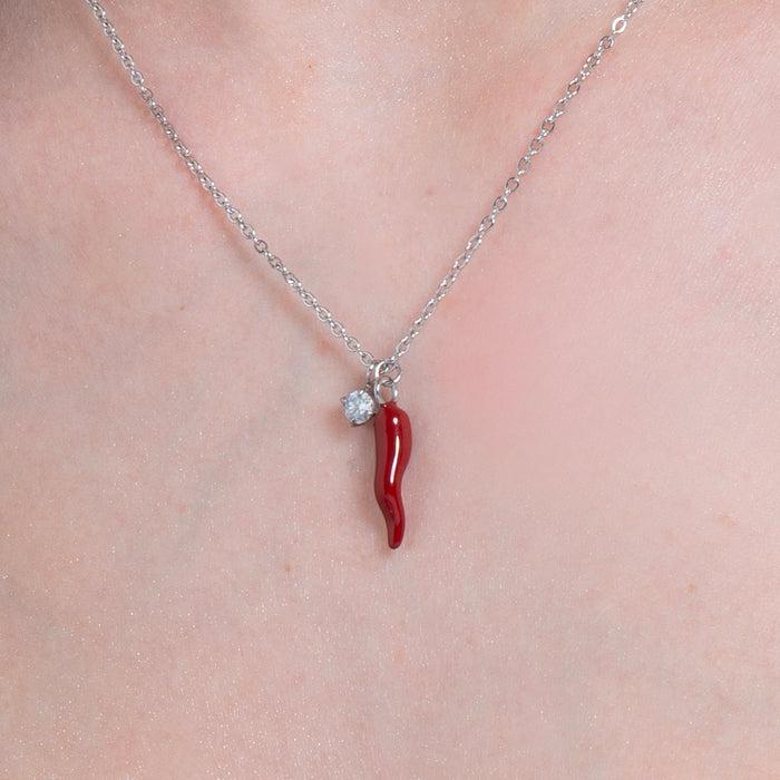 COLLANA IN ACCIAIO CON CORNO ROSSO E PUNTO LUCE