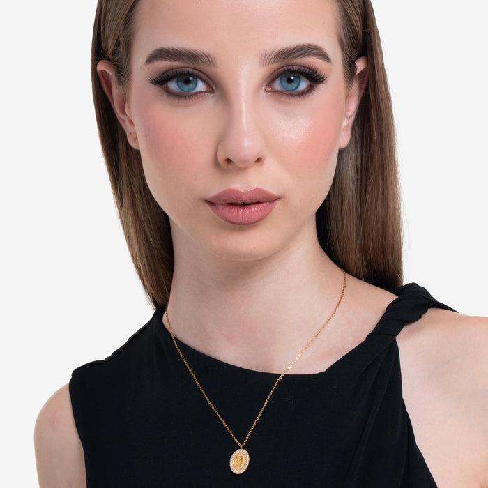 COLLANA DONNA IN ACCIAIO IP GOLD, MADONNINA MIRACOLOSA E ZIRCONI BIANCHI