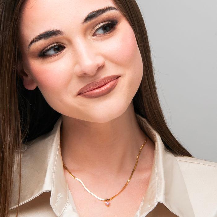 COLLANA DONNA IN ACCIAIO COLORE ORO CON ZIRCONE ROSA