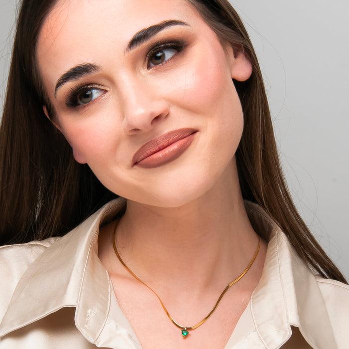 COLLANA DONNA IN ACCIAIO COLORE ORO CON ZIRCONE VERDE