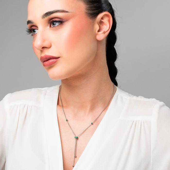 COLLANA DONNA IN ACCIAIO, BUSSOLOTTO ED ELEMENTI CON ZIRCONI VERDI