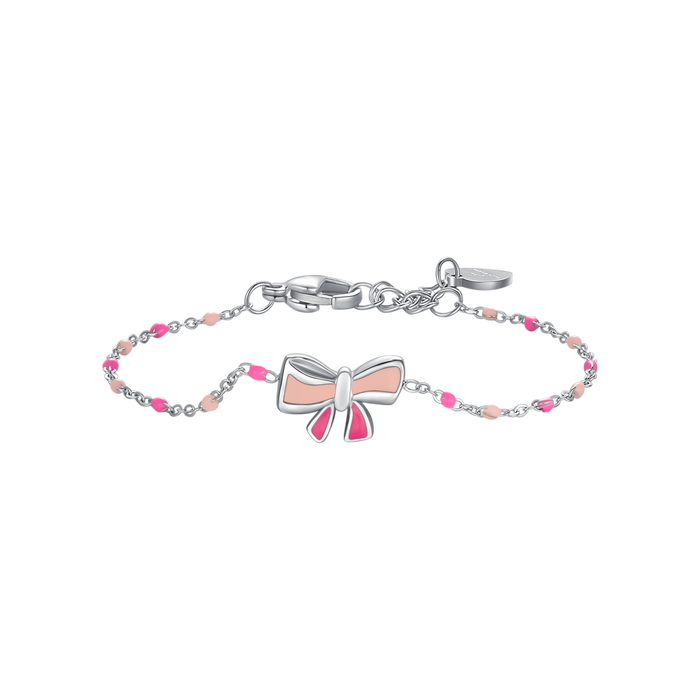 BRACCIALE IN ACCIAO, FIOCCO CON SMALTO ROSA E FUCSIA E PIETRE COLORATE