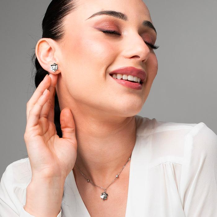 ORECCHINI DONNA IN ACCIAIO, FIORI CON ZIRCONI BIANCHI