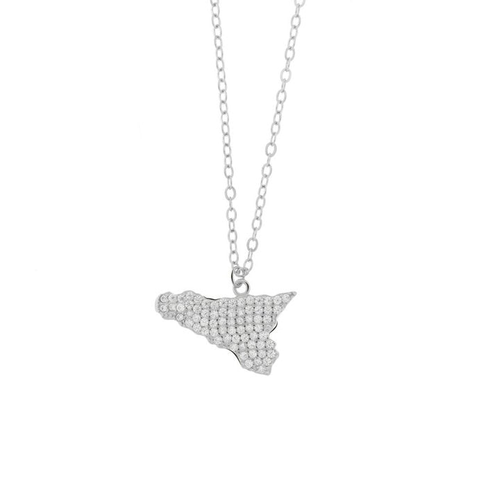 Collana in Argento 925 con ciondolo isola di Sicilia impreziosita da pavè di zirconi bianchi