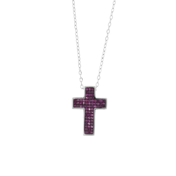 Collana in Argento 925 con croce e zirconi rosso rubino
