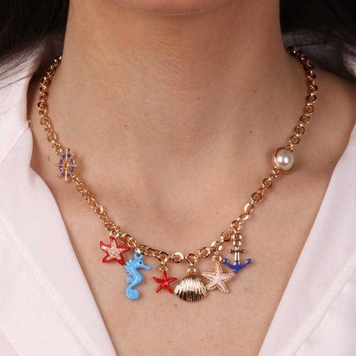 Collana in Metallo con stelle marine, conchiglie, ancora e timone