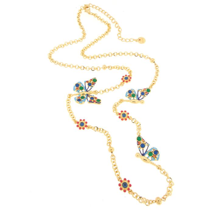Collana in Metallo con farfalla multicolor e fiori rossi