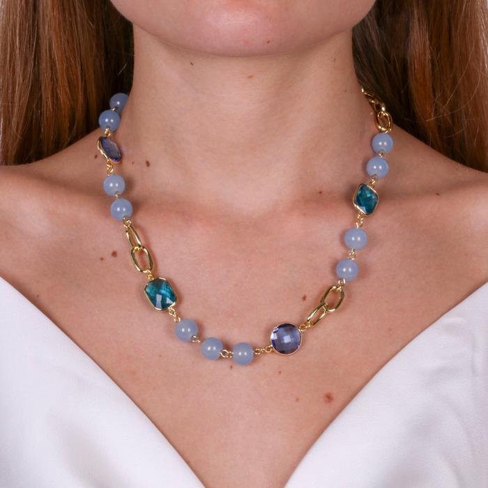 Collana in Metallo con catena doppia , cristalli e perline blu