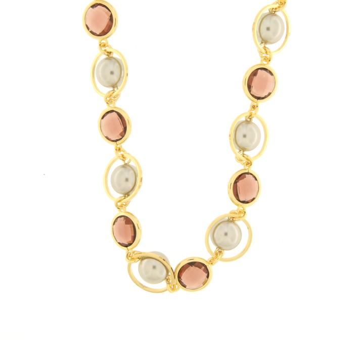 Collana in Metallo con cristalli marrini , cerchi e perle