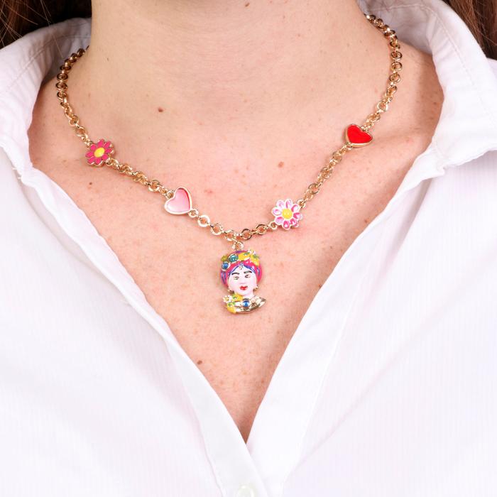Collana in Metallo con Testa di Moro rosa cuori e fiori