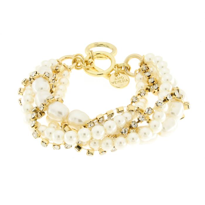 Bracciale in Metallo mutifilo intrecciato con perle e zriconi