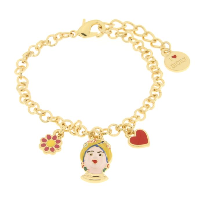 Bracciale in Metallo con testa di Moro gialla fiore e cuore