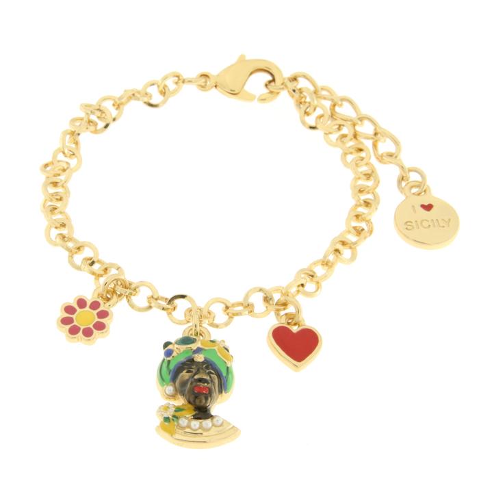 Bracciale in Metallo con testa di Moro verde fiore e cuore