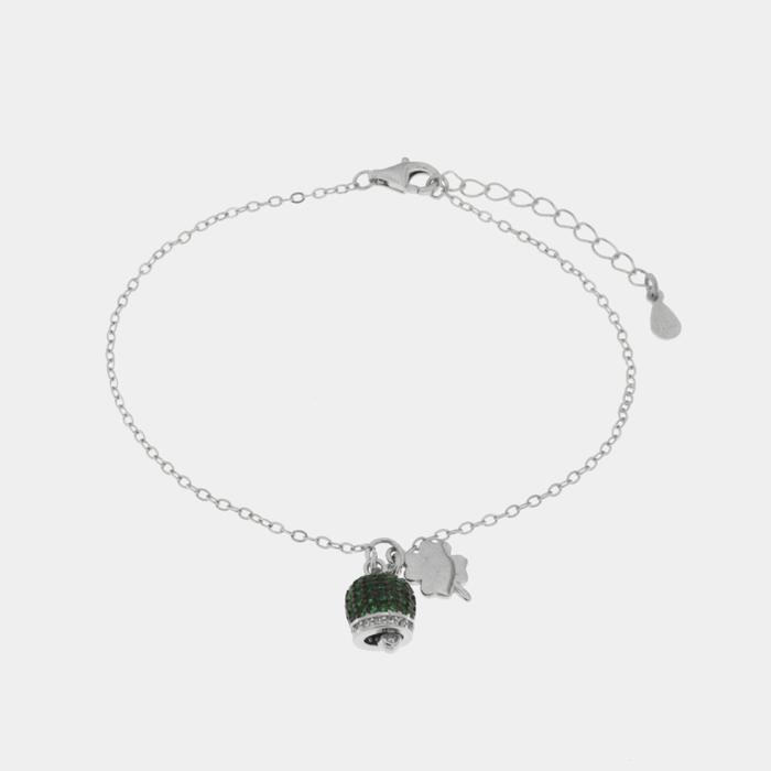 Bracciale in Argento 925 campanella portafortuna impreziosito da zirconi rossi e quadrifoglio
