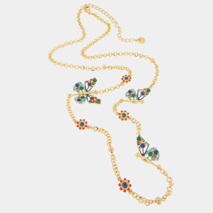 Collana in Metallo con farfalla multicolor e fiori rossi
