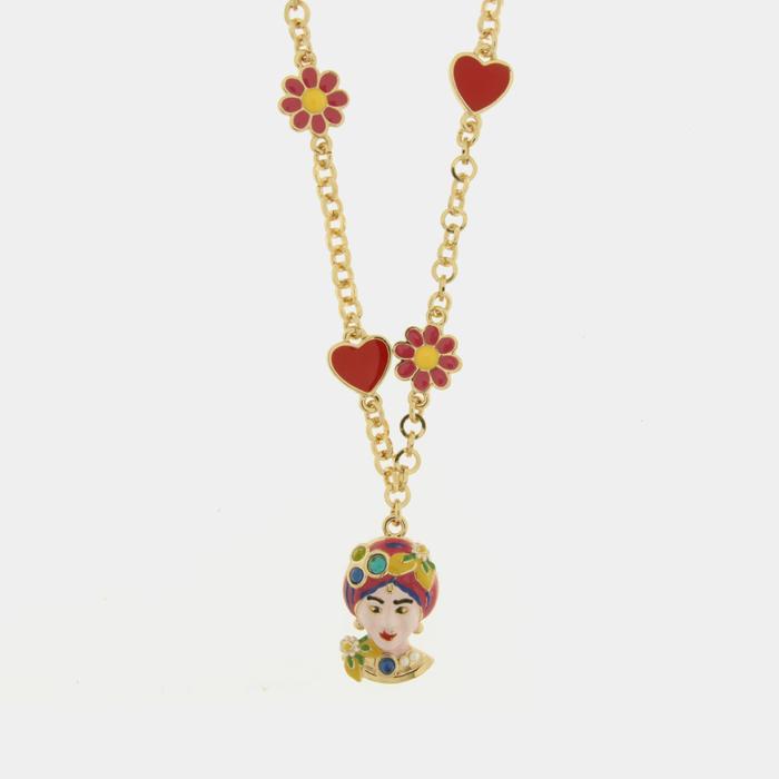 Collana in Metallo con Testa di Moro rosa cuori e fiori