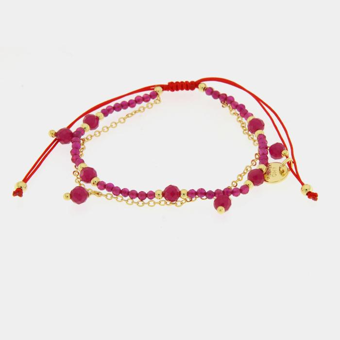 Bracciale in Metallo cordino doppia catena con pietre rosse