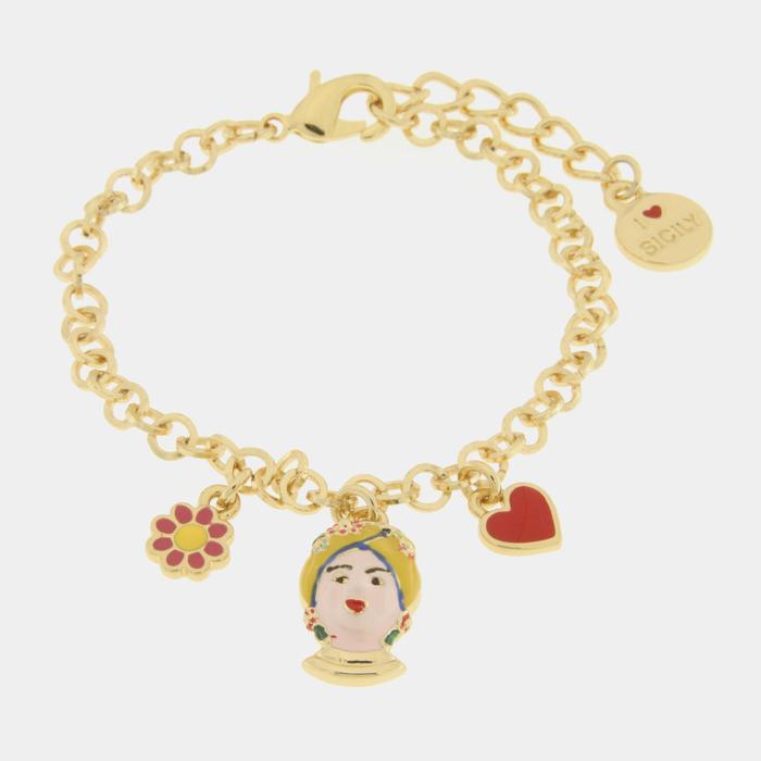Bracciale in Metallo con testa di Moro gialla fiore e cuore