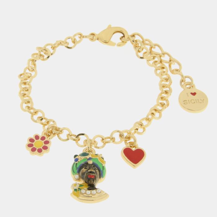 Bracciale in Metallo con testa di Moro verde fiore e cuore