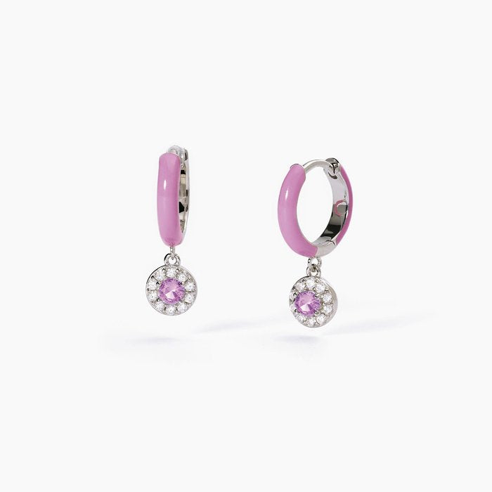 Orecchini a cerchio in argento con smalto rosa e zircone rosa MILANESIENNE