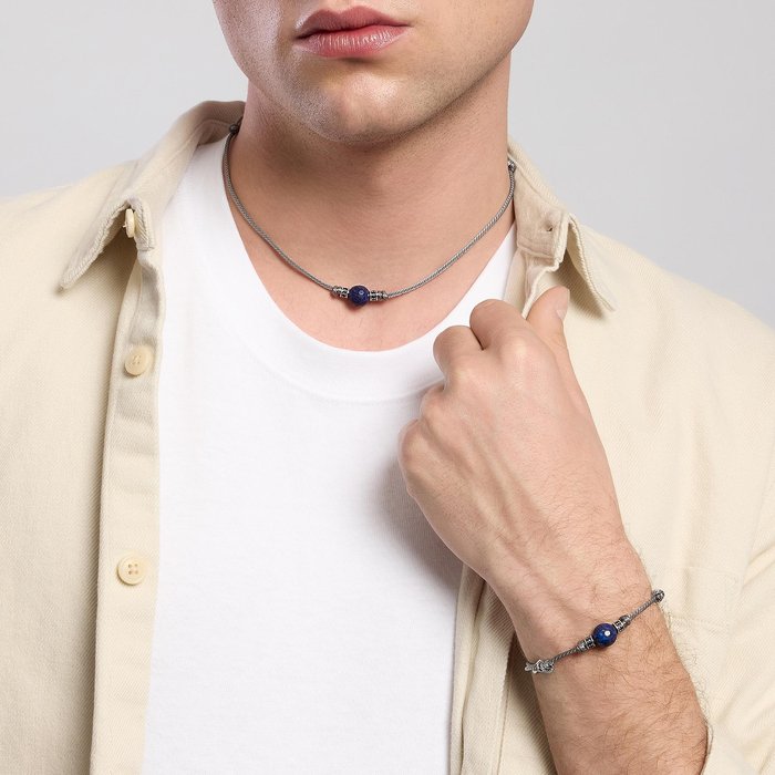 Collana uomo in argento con cordino grigio e pietra lapis TROPICAL