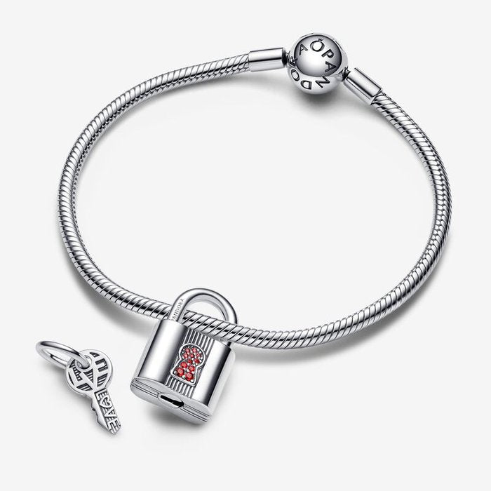 Charm Pendente Lucchetto e Chiave dell’Amore con Pietre Rosse