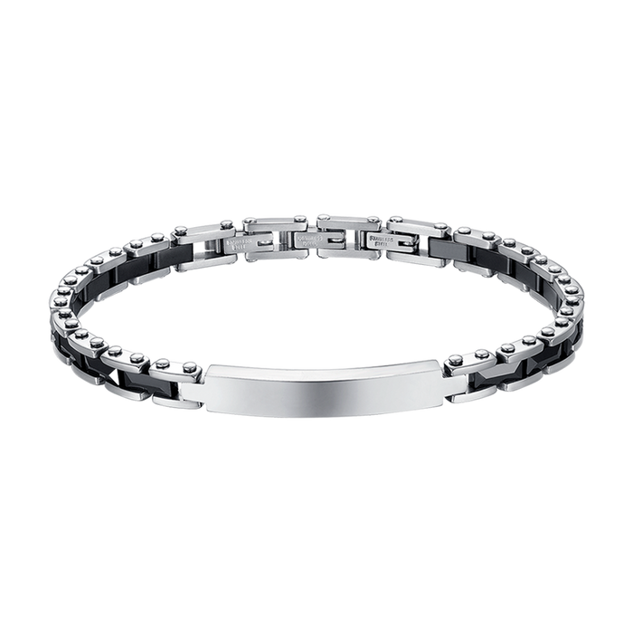 BRACCIALE UOMO IN ACCIAIO CON ELEMENTI IN CERAMICA NERA E MAGLIA NERA